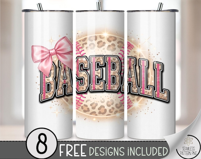 Baseball 20 oz Tumbler Wrap, Girly Sublimation Design for Straight Tumblers, Playful PNG Files, Leopard Print Glitter Accents, B10155