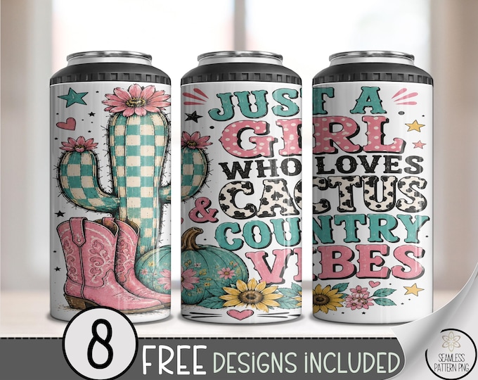 Country Girl 4-in-1 Can Cooler Wrap, Western Cactus Sublimation Design, 16 oz Checkerboard PNG, Digital Download, B10392