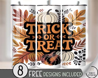 20oz Tumbler Wrap Trick or Treat, Pumpkin Halloween PNG, Rustic Fall Sublimation Design, Autumn Leaves Skinny Tumbler Wrap, A362