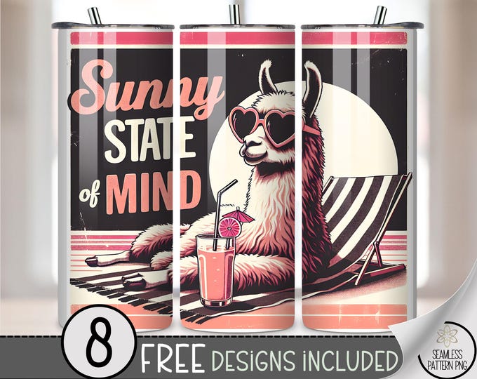 Llama Beach Lounge 20 oz Tumbler Wrap, Retro Sublimation Design for Straight Tumblers, Vintage PNG Files, Digital Download, B10201