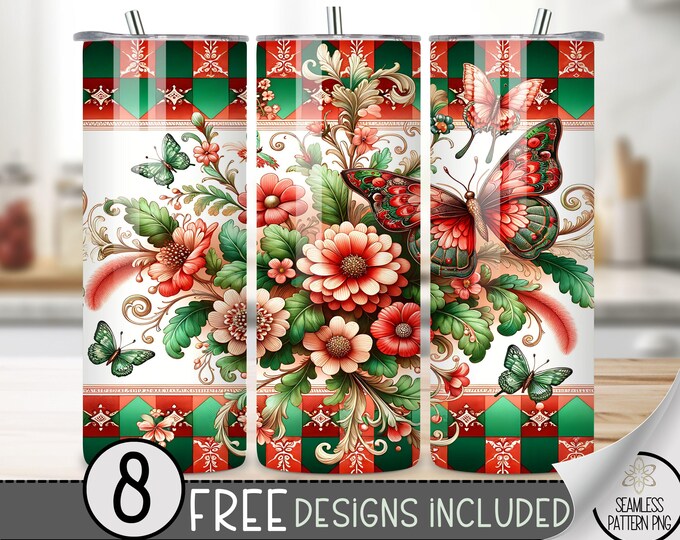 Butterfly Xmas Tumbler Wrap,20 OZ Christmas Blossom Tumbler,Flower Christmas Tumbler Wrap,Holiday Digital Download,Floral Christmas PNG Wrap