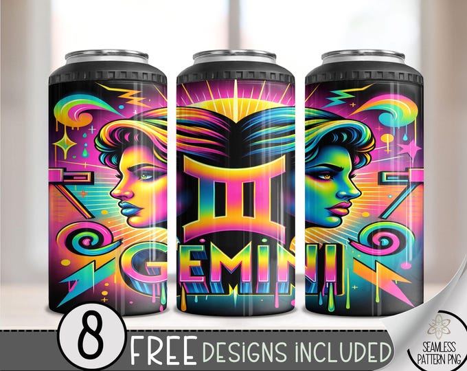 Neon Zodiac 4 in 1 Can Cooler Wrap, Airbrush Gemini 16 Oz 4in1 Tumbler Sublimation Design Astrology Sign, Zodiac Signs Can Wrap PNG Download