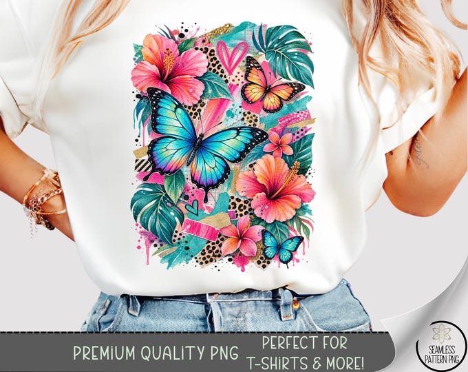 Tropical Butterfly Hibiscus T-shirt PNG Sublimation Design, Digital Download, B10508