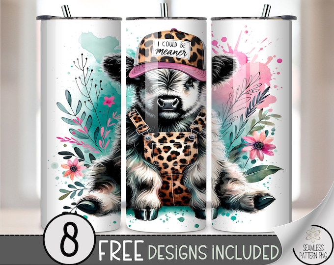 Playful 20 oz tumbler wrap: Cute Baby Highland Cow Digital Download Sublimation Design for Skinny Tumblers, Boho Farmhouse PNG Files A501