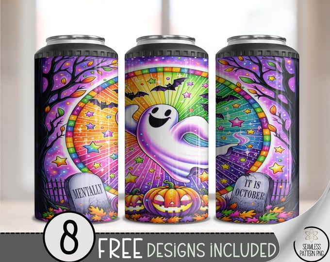 4-in-1 Mentally It Is October Tumbler Wrap, 4 in 1 Funny Halloween Ghost Sublimation PNG, Rainbow Graveyard Spooky Season Can Wrap, A392