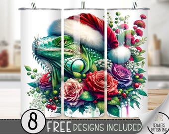 Cute Xmas Iguana Tumbler Wrap, Lizard 20oz Skinny Tumbler Design, Christmas 20 oz Tumbler Wrap, Floral Christmas Tumbler Design, Tropical