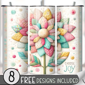 Op de afbeelding: Een set van drie witte geïsoleerde bekers met een bloemenontwerp. Het ontwerp toont een grote, kleurrijke bloem met bloemblaadjes in pastelkleuren van roze, geel en turquoise. De tekst "CHOOSE JOY" is zichtbaar op één beker.