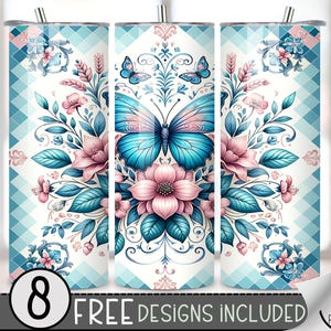 Blue Butterfly Tumbler Wrap, Geometric Skinny 20Oz Tumbler Wrap, Floral Skinny Tumbler Wrap, Pink 20 Oz Skinny Tumbler Sublimation Design