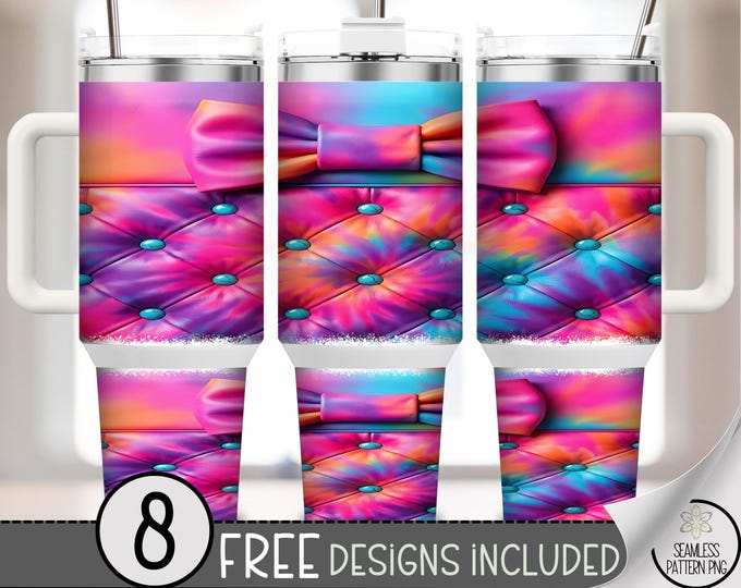 Coquette Bow PNG Sublimation Design, Colorful Tufted Tie Dye 40 oz Tumbler Wrap, Glam Neon Design, B973