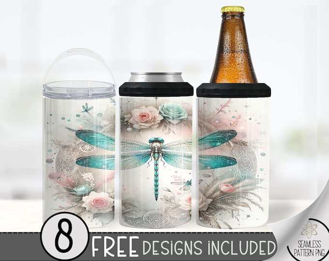 Dragonfly Can Cooler Wrap, Floral Dragonflies 16 oz 4-in-1 Cooler Sublimation, Boho Rose 16Oz Tumbler File, Ethereal Design File PNG