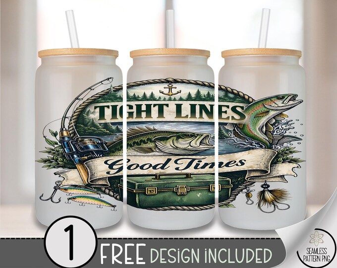 Fishing Badge Glass Can Wrap, TIGHT LINES 16oz Glass Tumbler Sublimation Design, Outdoorsy PNG File, Digital Download, B10258