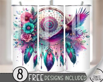 Boho Dreamcatcher Eagle Floral Tumbler Wrap, Floral Boho Sublimation Design PNG, Ethereal 20Oz Skinny Tumbler File, American Tumbler PNG