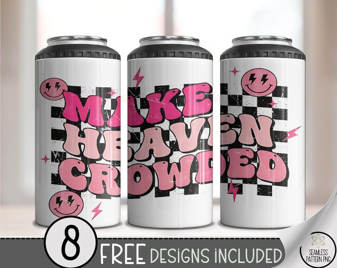 Playful 4in1 Can Cooler Wrap, Retro Pink Happy PNG, Make Heaven Crowded File, Checkered Sublimation Design,  A472