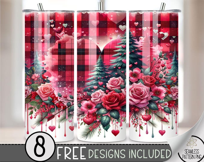 Valentines Tumbler Wrap PNG, Plaid Heart 20oz Skinny Seamless Tumbler Wrap PNG, Love Sublimation Tumbler Template, V Day Tree File