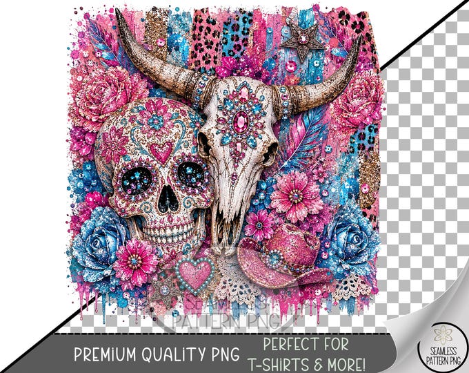 Day of the Dead Sublimation Design, Sugar Skull Steer Horn UV DTF Graphic, Boho Clip Art, Digital Download, B10506