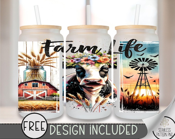 Farm Life Glass Wrap, Western 16 Oz Glass Can Wrap PNG, Cute Cow Glass Can Sublimation Design, Country Western PNG, Barn Sunset Wrap, A163