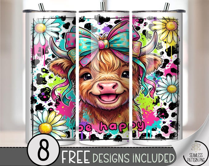 Happy Cow PNG, 20 Tumbler Wrap, Colorful Highland Heifer Sublimation Design, Digital Download, B887