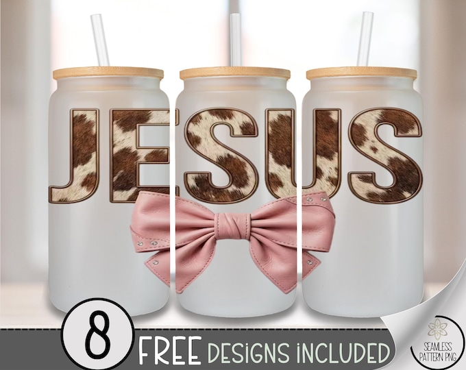 Jesus Glass Can Wrap, Farmhouse Cowhide 16oz Glass Tumbler Sublimation Design, Cute Religious PNG File, Beer Can Glass Design, B10028