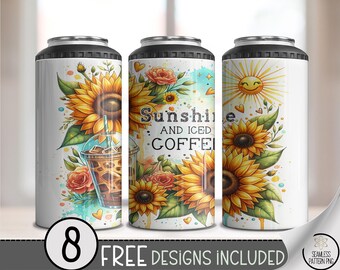 Sunflower Coffee 4 in 1 Can Cooler Wrap PNG, 4-In-1 Summer Floral Can Wrap, 16oz Funny Iced Coffee PNG for Slim Cans, Bottles & Coolers A271