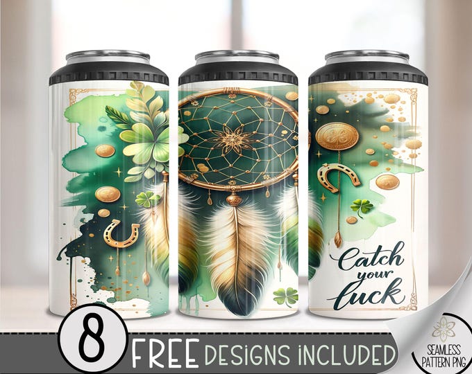 St. Patrick's Dreamcatcher 4 in 1 Can Cooler Wrap, St Pattys 4 in 1 Tumbler PNG, Shamrock 16 Oz Can Cooler Wrap, Clover Sublimation Design