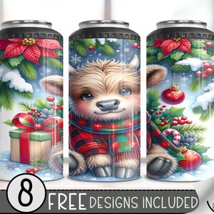 Cute Highland Cow Can Cooler Wrap, Xmas 16 oz 4-in-1 Cooler Sublimation, Christmas 16Oz Tumbler File, Buffalo Check Holiday Design File PNG