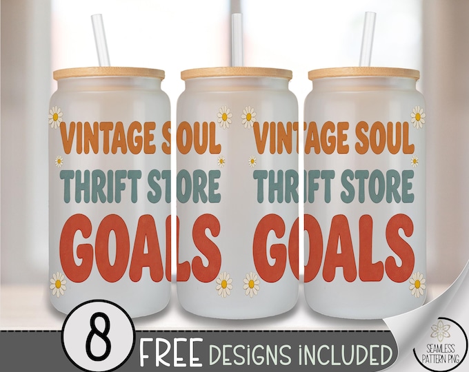 Vintage Soul Thrift Store Goals Glass Can Wrap, Retro Boho Style 16oz Glass Tumbler Sublimation Design, Cheerful Daisy PNG File B10148