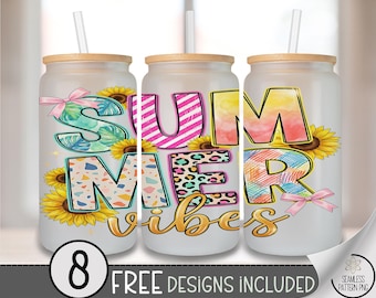 Sunflower Summer Vibes Glass Can Wrap, Checkered 16oz Tumbler Sublimation PNG (Digital Download) B10178