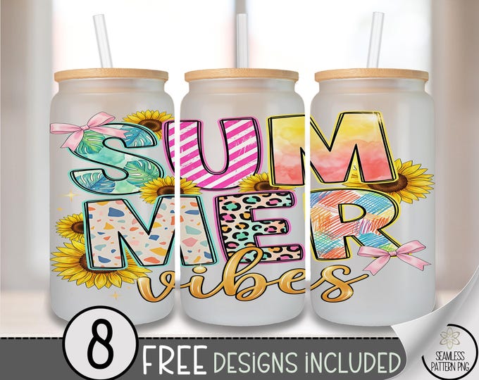 Sunflower Summer Vibes Glass Can Wrap, Checkered 16oz Tumbler Sublimation PNG (Digital Download) B10178