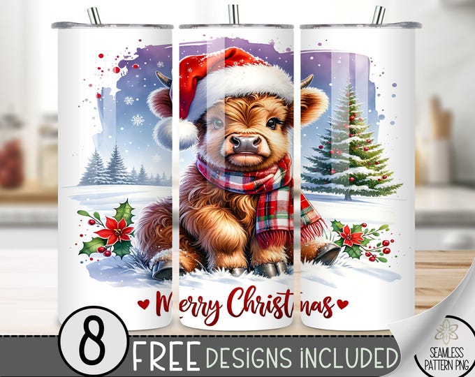 Cute Highland Cow Tumbler Wrap, Winter Highland Cow Sublimation Tumbler Design,Merry Christmas Tumbler Straight PNG,Holiday 20Oz Skinny Wrap