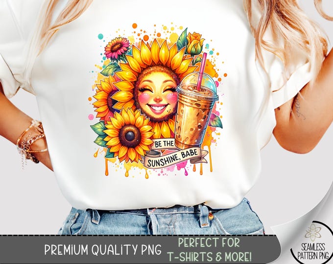 Vibrant Sunflower Babe T-shirt PNG, Colorful Summer Sublimation Design with Cheerful Face, Playful Ice Cream Pattern Shirt Graphic A452
