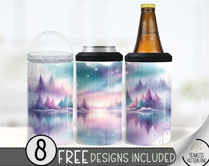 Fantasy Lake Hard Can Cooler Design, Forest 16oz Slim Can Cooler PNG, Evergreen 4in1 Can Cooler Tumbler Wrap, Relaxing Stubby Can Wrap