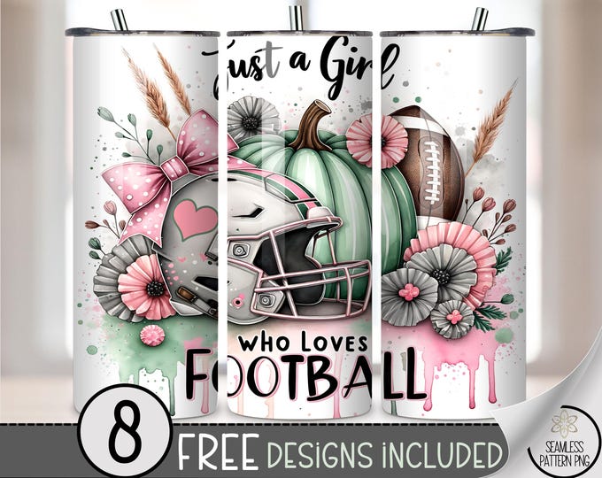 Rustic Floral Football 20oz Tumbler Wrap, Feminine Sports Lover Design, Just a Girl Theme, Pastel Helmet PNG, Printable 20 oz wrap, A439