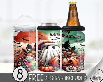 Happy Hallothanksmas Can Cooler Wrap, Xmas 16 oz 4-in-1 Cooler Sublimation,Cute Ghost 16Oz Tumbler Wrap, Hallothanksmas High Resolution Wrap