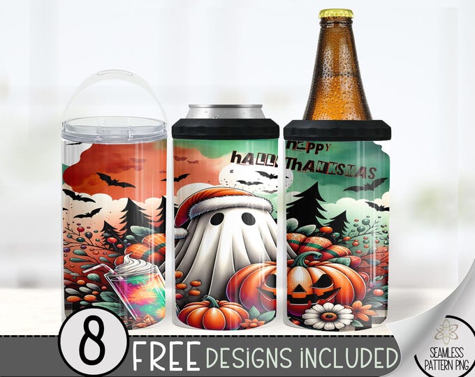 Happy Hallothanksmas Can Cooler Wrap, Xmas 16 oz 4-in-1 Cooler Sublimation,Cute Ghost 16Oz Tumbler Wrap, Hallothanksmas High Resolution Wrap