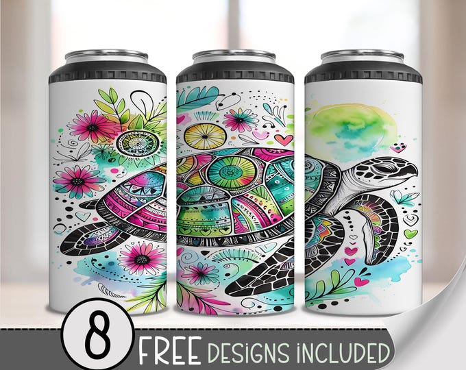 Sea Turtle 4 in 1 Can Cooler Wrap, Tropical 4in1 Tumbler PNG, Colorful Beach PNG 16oz Sublimation Design, Beach Summer Can Wrap, A204