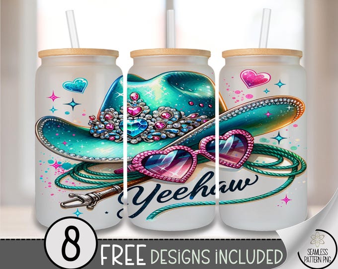 Cowgirl Glass Can Wrap, Western UV Decal for Tumbler, Yeehaw Sublimation Design, Digital Download, Cowgirl Hat Cup Sticker, A459