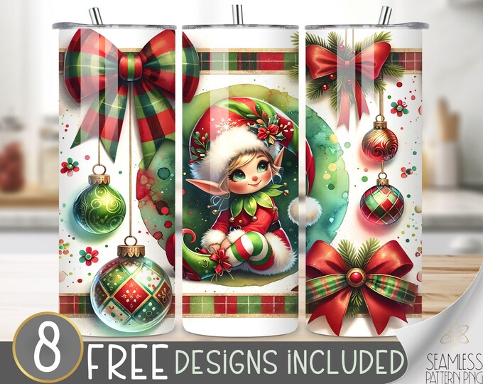 Christmas Tumbler Wrap, Classic Christmas Coquette Bow Sublimation Tumbler, Christmas Elf Tumbler File, Christmas Cartoon Digital Wrap