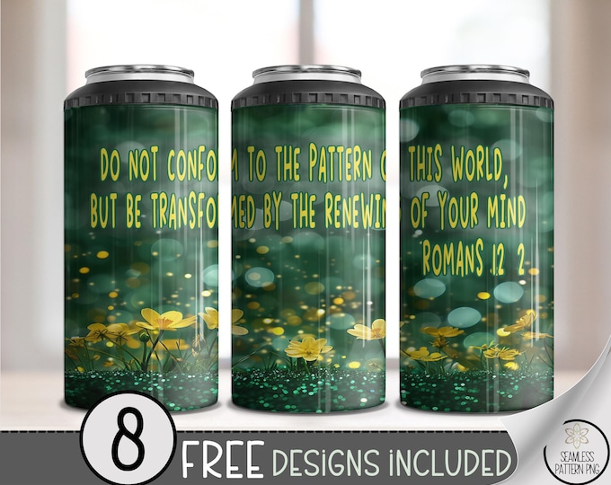 Inspirational Bible Verse Can Cooler Wrap, Do Not Conform Pattern Christian Quote, Green Rustic Wrap Set, 4 in 1 Design Romans 12:2 A408