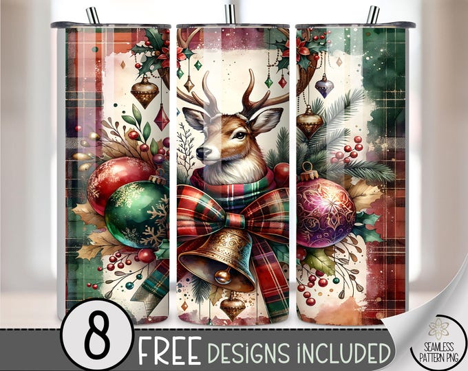 Christmas Reindeer Plaid 20 oz Tumbler Wrap , Cute Holiday Sublimation Design, PNG Digital Download, A547