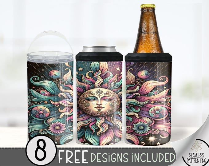 Sun And Moon Can Cooler Wrap, Sun And Moon Boho 16 oz 4-in-1 Cooler Sublimation,Celestial 16Oz Tumbler File,Pastel Sky Can Cooler Design PNG