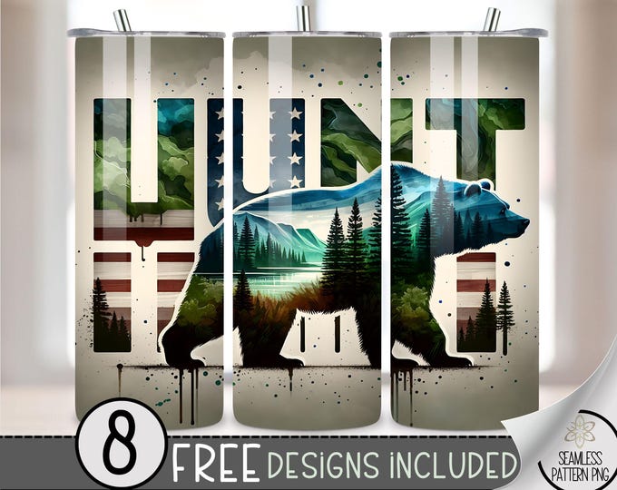Grizzly Bear Hunting Tumbler Wrap, Hunting 20oz Skinny Tumbler Sublimation Design, Bear Tumbler Wrap File, Mountain Range PNG, Digital File