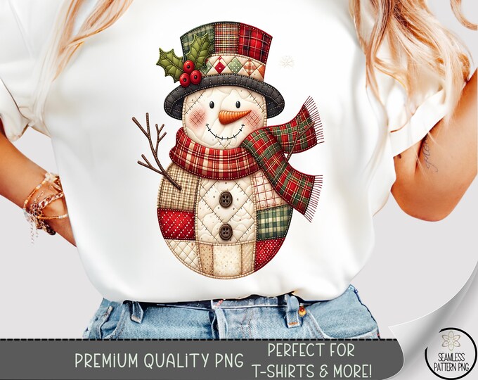 Patchwork Snowman T-shirt PNG, Vintage Sublimation Design, Festive DTF Shirt Graphic, Christmas TShirt File, A713