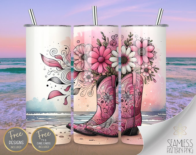 Zentangle PNG Tumbler Wrap, 20 Oz Skinny Sublimation Tumbler Design, Watercolor Western Boots Seamless Design, Boots Beach Instant Download