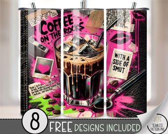 Coffee On The Rocks Tumbler Wrap PNG, 20 oz Smut Book Grunge Tumbler Design, Pink Iced Coffee Sublimation Wrap with Spicy Vibes A273