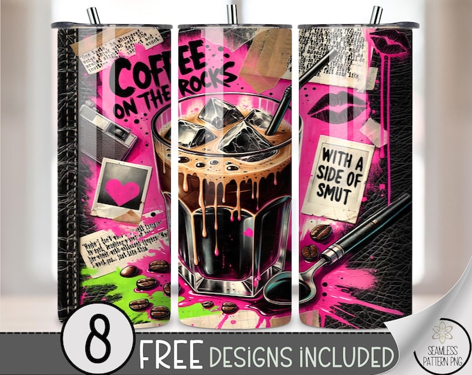 Coffee On The Rocks Tumbler Wrap PNG, 20 oz Smut Book Grunge Tumbler Design, Pink Iced Coffee Sublimation Wrap with Spicy Vibes A273