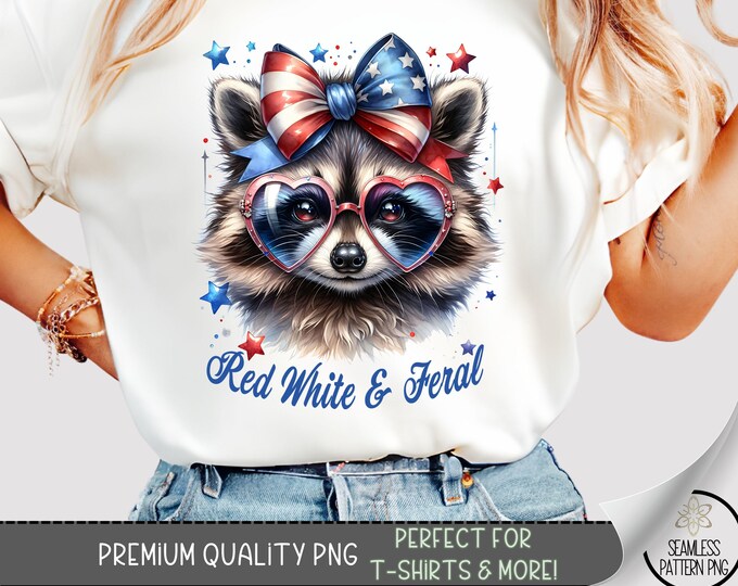 Red White & Feral T-Shirt PNG, Funny Patriotic Raccoon Design with Glasses and Flag Bow, Cute Animal July 4 Shirt Sublimation Design, A296
