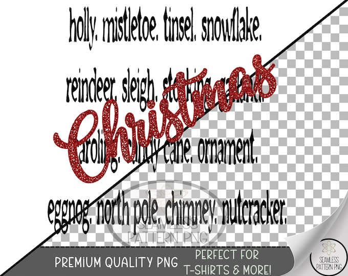 Festive Sublimation Design, Christmas UV DTF Graphic, Holiday Clip Art, Printable Glittery Text, Festive Words for Christmas Clipart A474