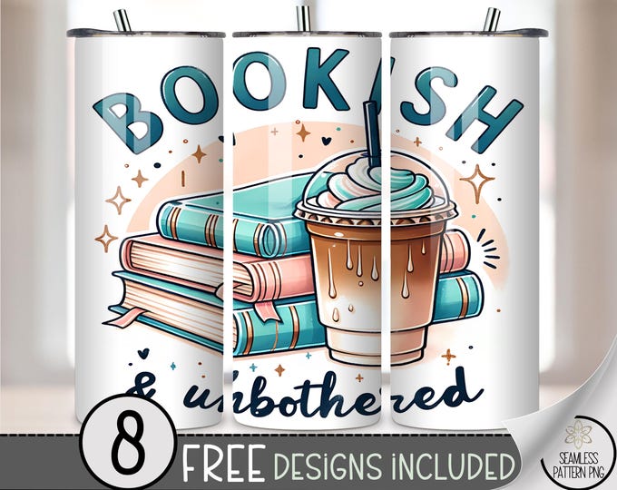 Bookish & Unbothered 20 oz Tumbler Wrap PNG, Iced Coffee and Book Stack Pastel Design, 20 oz Tumbler Cozy Sublimation Wrap for Readers, A339