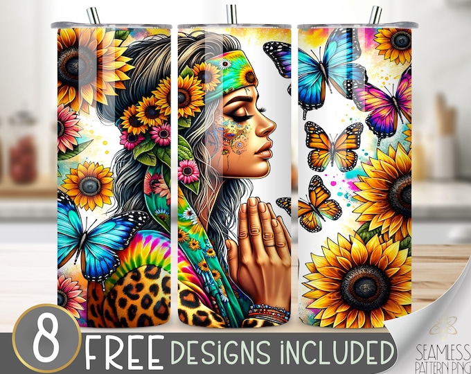 Sunflower Goddess Tumbler Wrap, Boho Hippie 20oz Sublimation PNG, Pray Tumbler Wrap PNG, Christian Tumbler Wrap File, Flower Leopard Tumbler