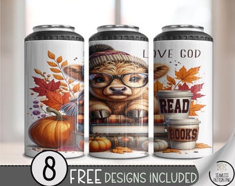 Cute Autumn 4in1 Can Cooler Wrap, Highland Cow Sublimation Design, Love God Read Books Printable Fall Colors A574